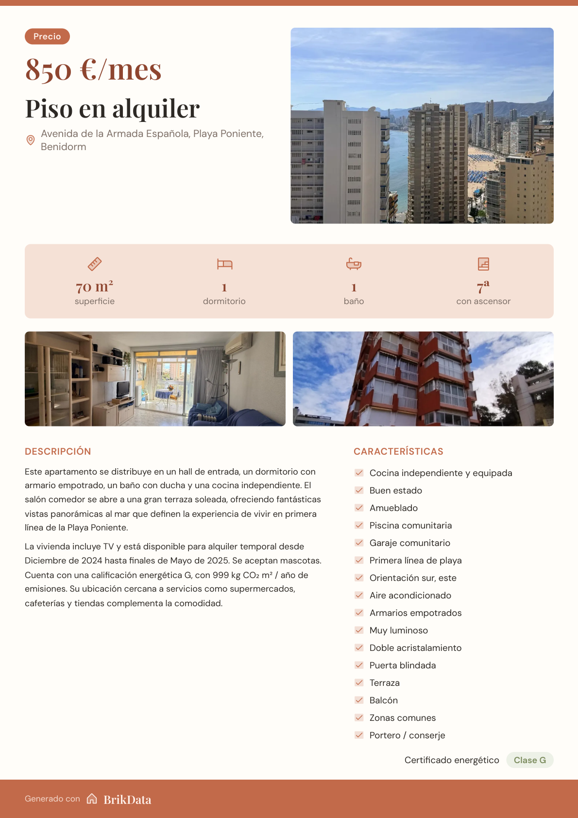 Ficha PDF de la vivienda con fotos, precio y características, generada por BrikData