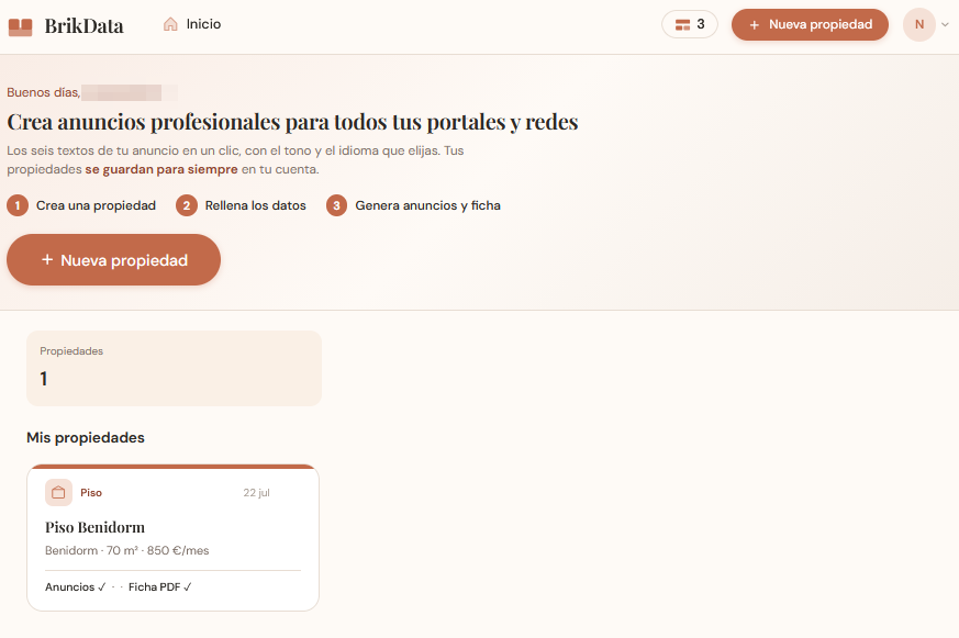 Inicio de BrikData con las propiedades guardadas en la cuenta