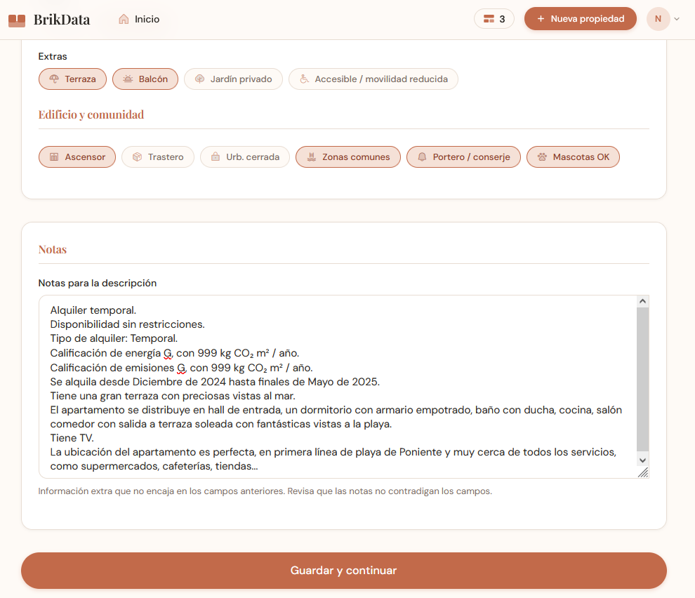 Caja de notas de BrikData para añadir detalles de la vivienda antes de generar el anuncio