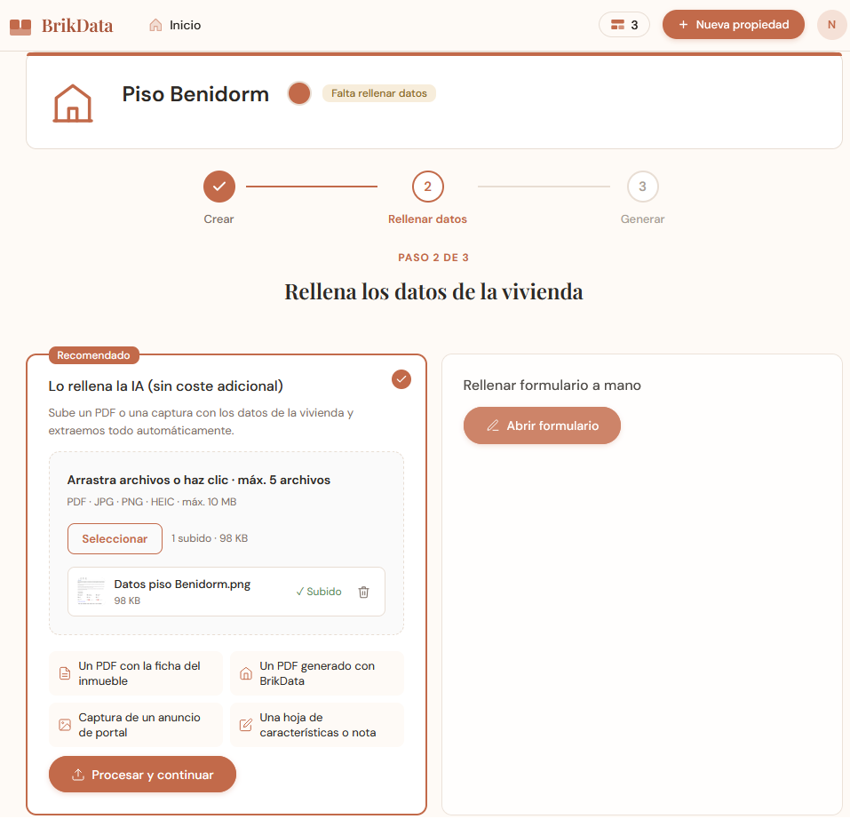 Relleno automático de BrikData: subir un PDF o captura para extraer los datos de la vivienda