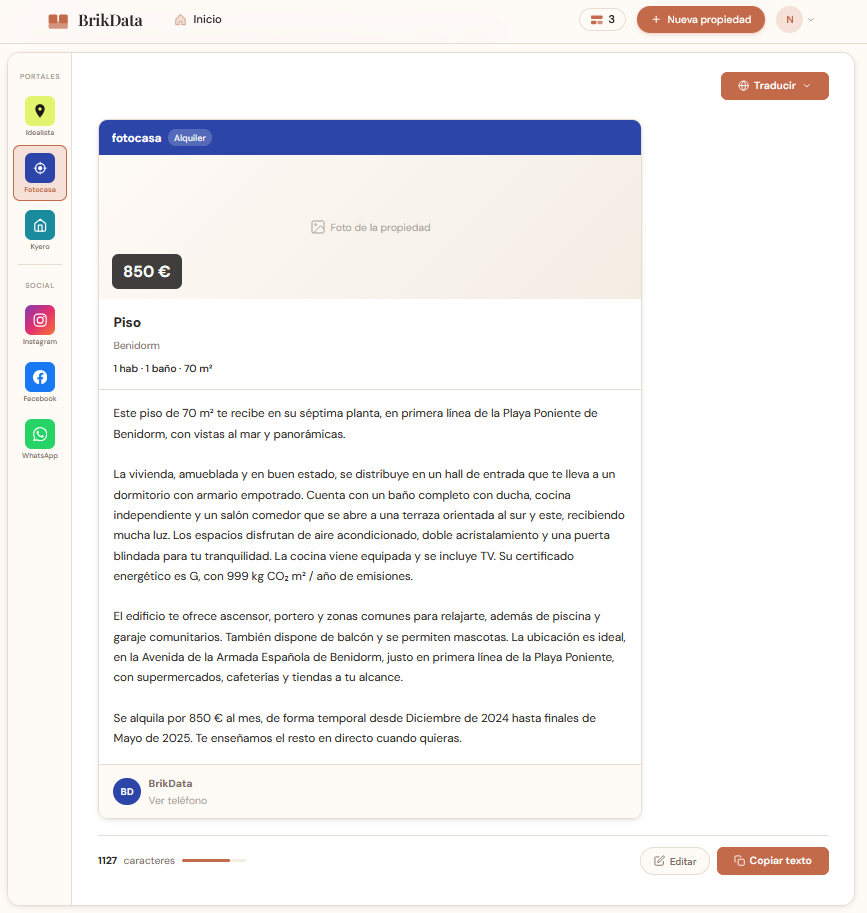 Seis anuncios generados para Idealista, Fotocasa, Kyero, Instagram, Facebook y WhatsApp