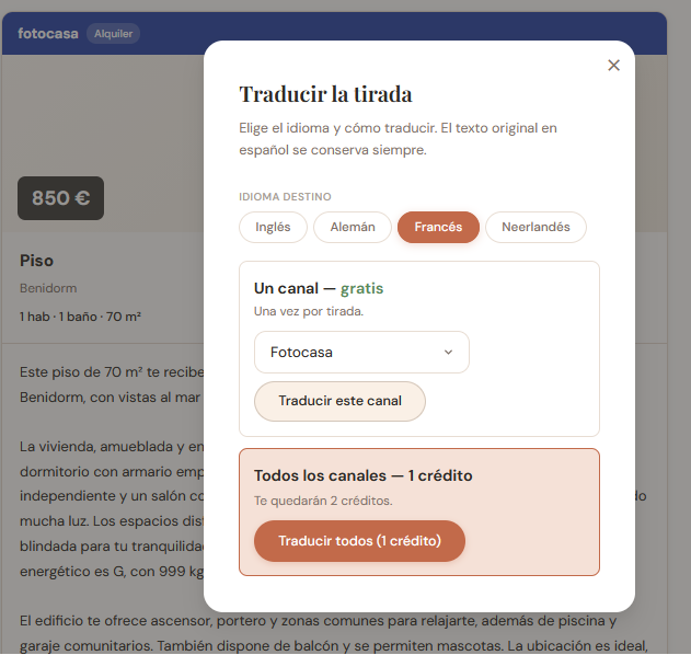 Panel de traducción de BrikData con selección de idioma de destino