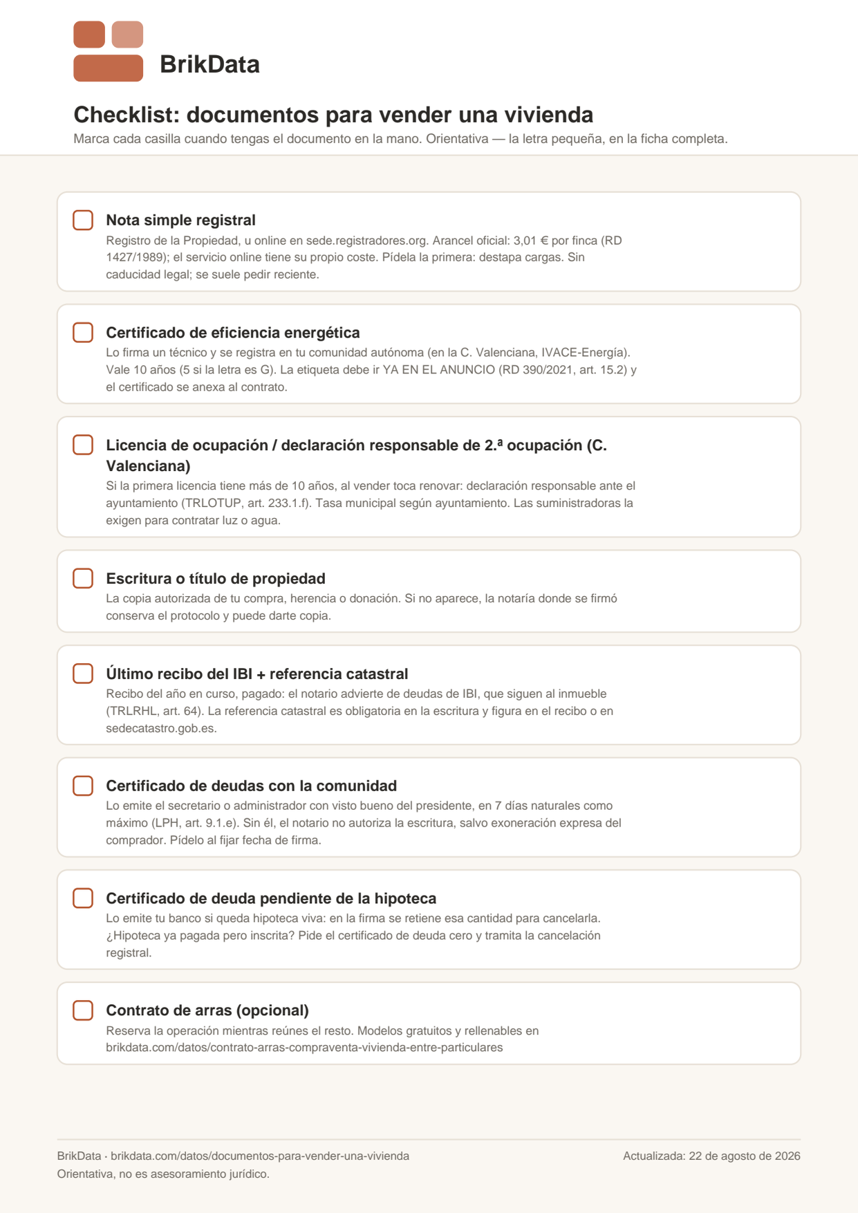 Vista previa de la checklist de BrikData con los documentos para vender una vivienda: nota simple, certificado energético, licencia de ocupación, escritura, IBI, comunidad e hipoteca