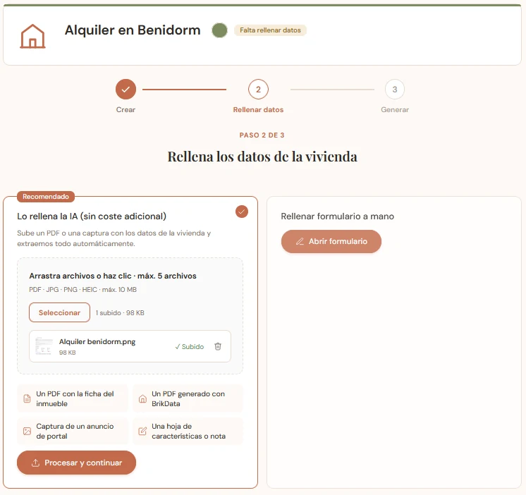 Pantalla de Brikdata para subir un PDF o una captura con los datos de la vivienda y rellenar el formulario automáticamente.