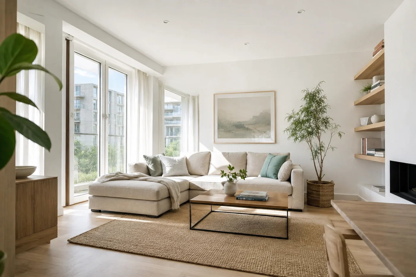 A bright living room in a Spanish flat, with floor-to-ceiling windows opening onto a balcony, a pale corner sofa and a jute rug.